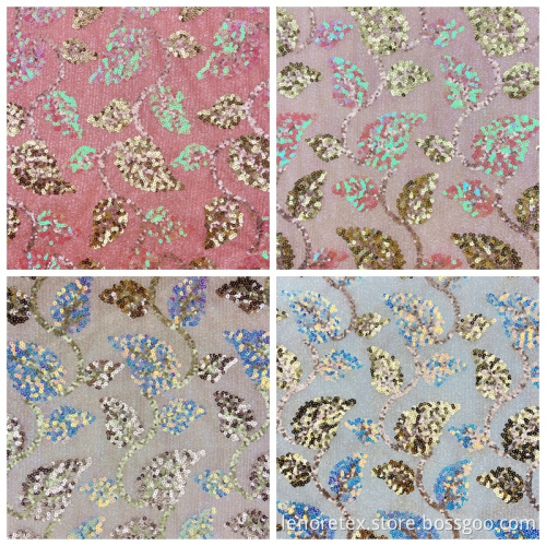 Knit Leaf Shape Fringed Mesh Embroidery Sequin Fabric